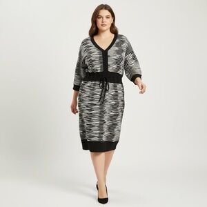 Pink Rose Striped Sweater Dress Black & White 3/4 Sleeve drawstring waist Sz 3X